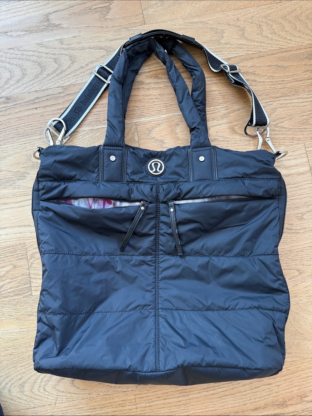 lululemon athletica Black Tote with Purple and Blue Watercolor Lining